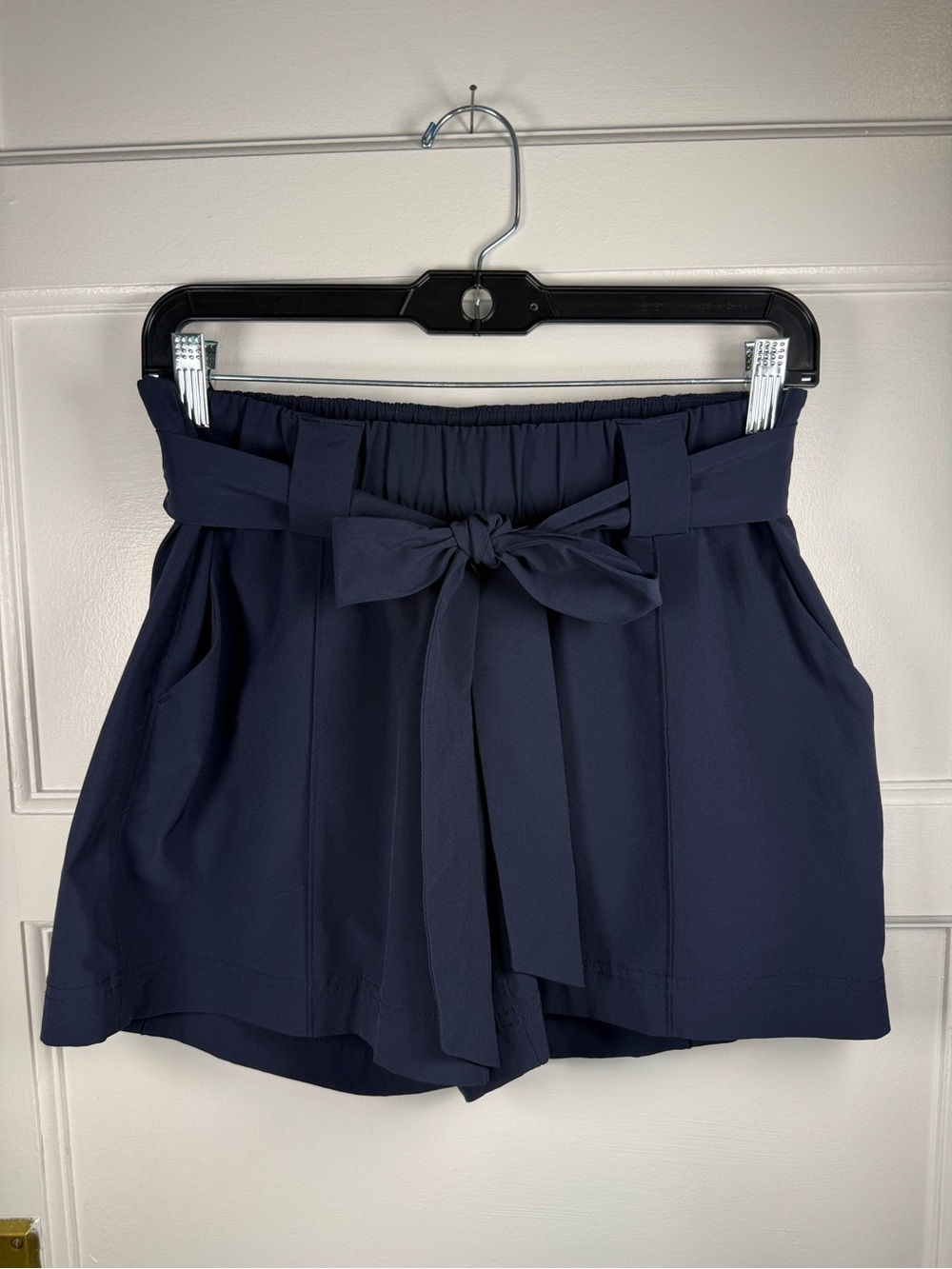 Athleta Navy High-Waist Paperbag Tie Waist Shorts